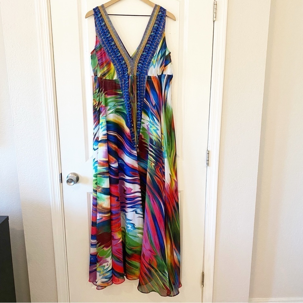 BOSTON PROPER Multicolor Swirl Embellished Maxi Dress Resortwear Vacation - Picture 3 of 12